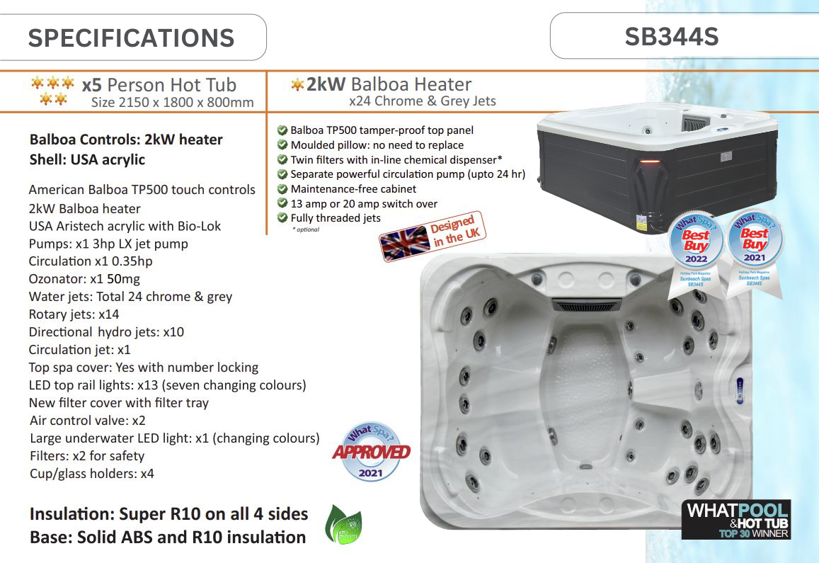 SB344S Spec Card | A6 Hot Tubs